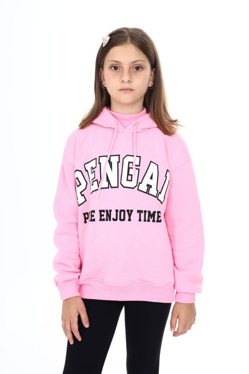 Pembe Pengai Yazı Baskı Polarlı Kız Çocuk Sweatshirt 16464
