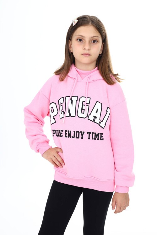 Pembe Pengai Yazı Baskı Polarlı Kız Çocuk Sweatshirt 16464
