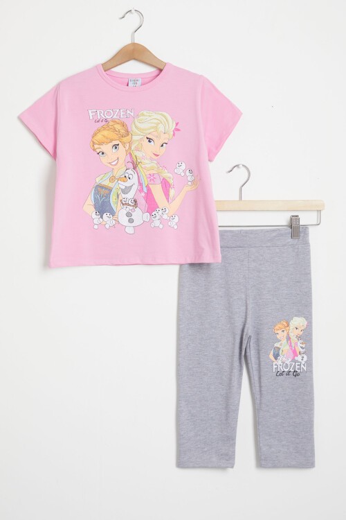 Pembe Simli Frozen Baskı Tişört ve Şort Taytlı Kız Takım 15440