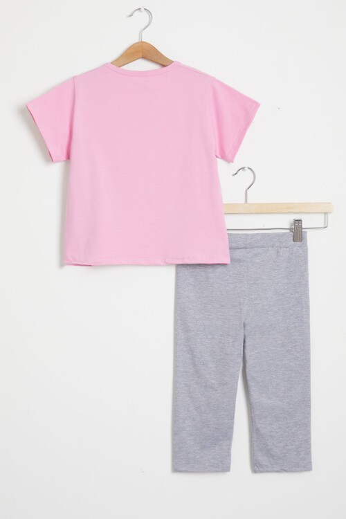 Pembe Simli Frozen Baskı Tişört ve Şort Taytlı Kız Takım 15440