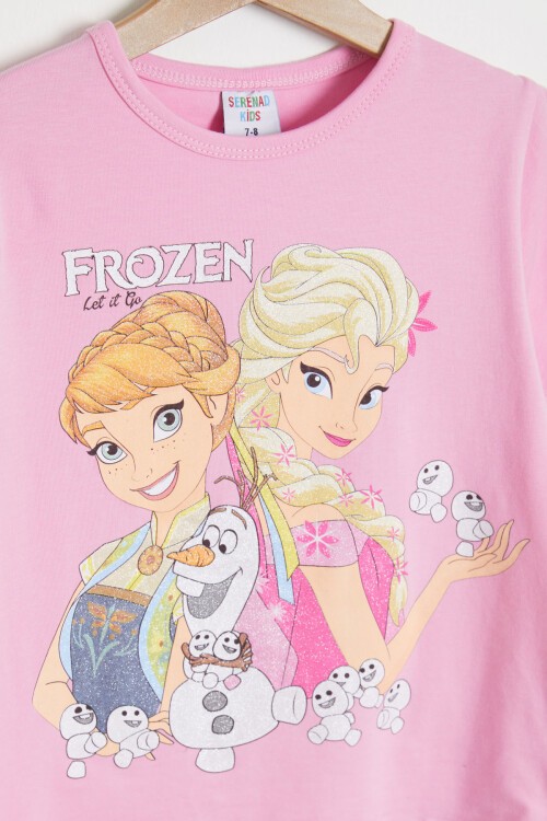 Pembe Simli Frozen Baskı Tişört ve Şort Taytlı Kız Takım 15440