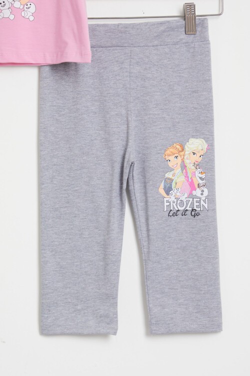 Pembe Simli Frozen Baskı Tişört ve Şort Taytlı Kız Takım 15440