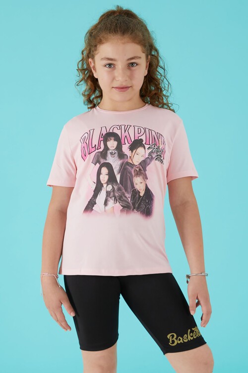 Pembe Simli Yazılı Baskılı Kız Tişört 15661