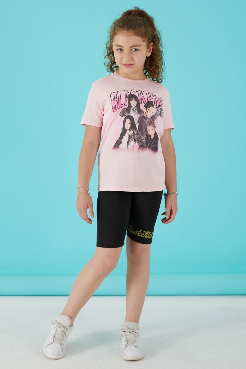 Pembe Simli Yazılı Baskılı Kız Tişört 15661