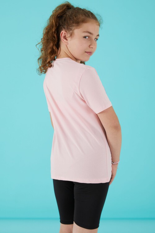 Pembe Simli Yazılı Baskılı Kız Tişört 15661