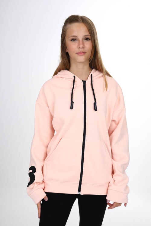 Pembe Sırtı Baskılı Şardonlu Fermuarlı Kapüşonlu Kız Hırka 16434