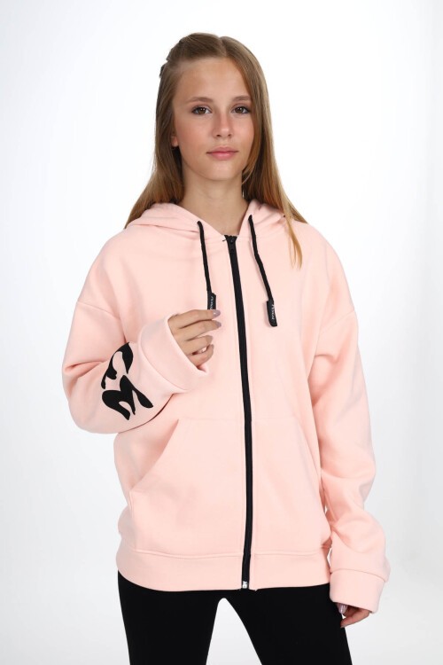 Pembe Sırtı Baskılı Şardonlu Fermuarlı Kapüşonlu Kız Hırka 16434