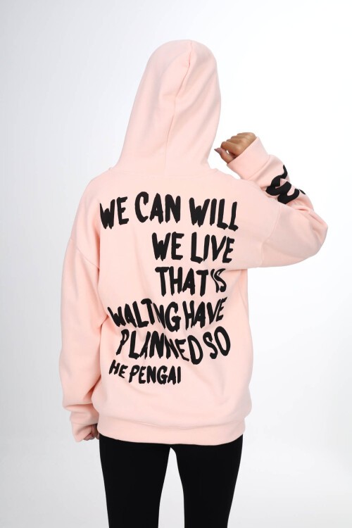 Pembe Sırtı Baskılı Şardonlu Fermuarlı Kapüşonlu Kız Hırka 16434