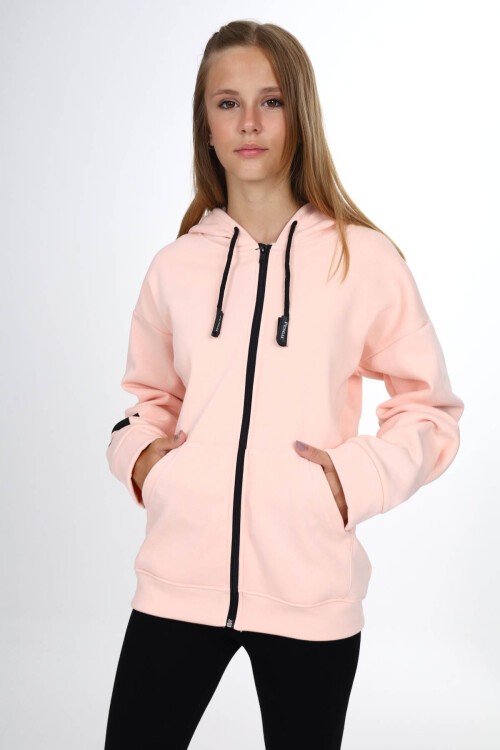 Pembe Sırtı Baskılı Şardonlu Fermuarlı Kapüşonlu Kız Hırka 16434