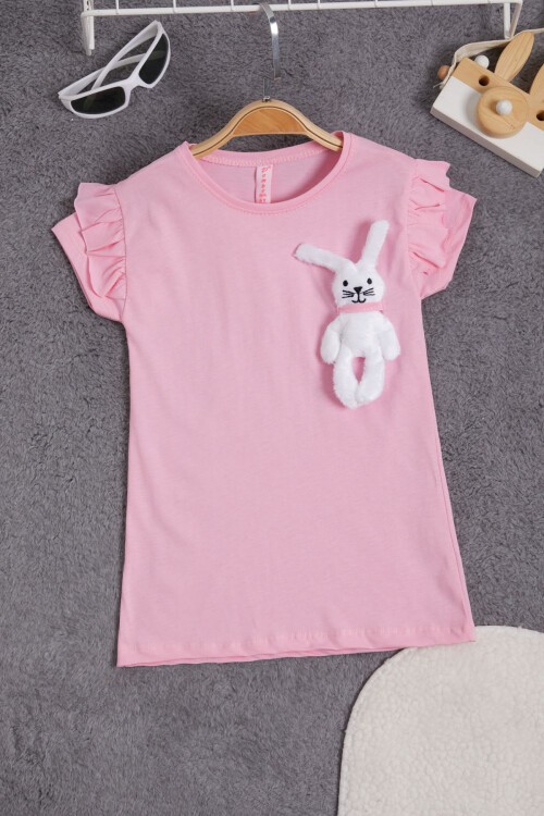 Pembe Tavşan Detaylı Fırfırlı Kız Çocuk T-shirt 15546