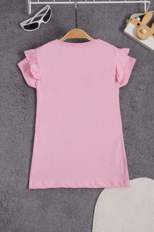 Pembe Tavşan Detaylı Fırfırlı Kız Çocuk T-shirt 15546