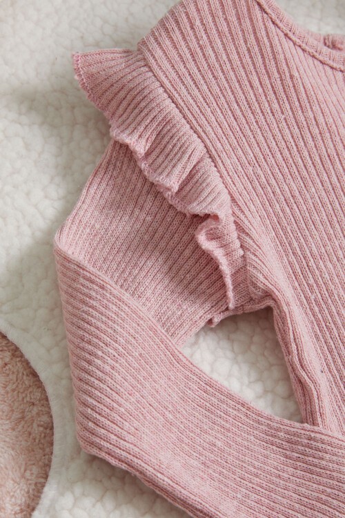 Pembe Uzun Kollu Volanlı Kız Çocuk Badi 15667