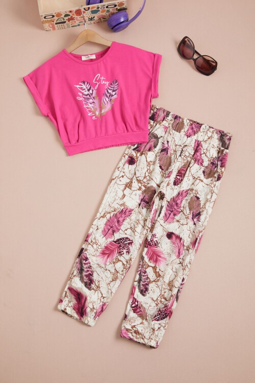 Pembe Yaprak Baskılı Bluz Pantolon Kız Takım 15515