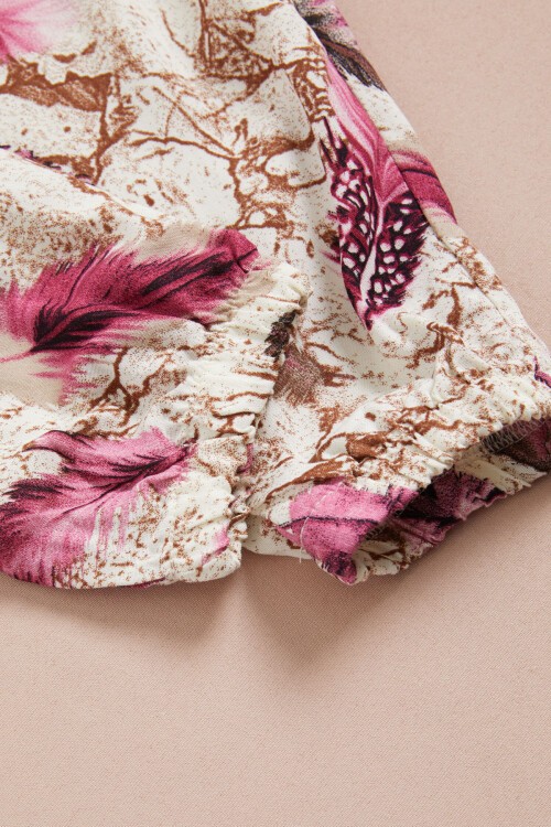 Pembe Yaprak Baskılı Bluz Pantolon Kız Takım 15515