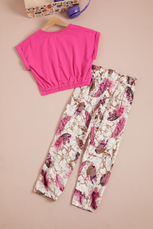 Pembe Yaprak Baskılı Bluz Pantolon Kız Takım 15515