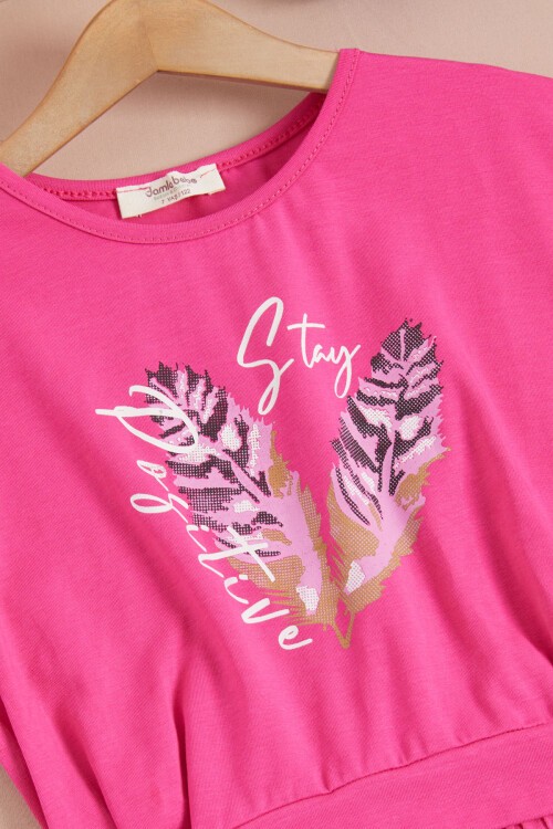 Pembe Yaprak Baskılı Bluz Pantolon Kız Takım 15515