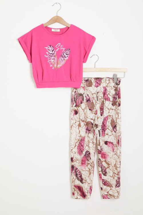 Pembe Yaprak Baskılı Bluz Pantolon Kız Takım 15515