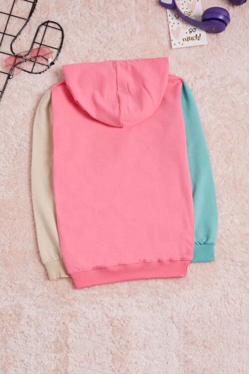Pembe Yazı Baskı Renkli Kollu Kapüşonlu Kız Çocuk Sweatshirt 16296