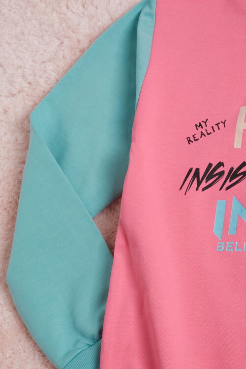 Pembe Yazı Baskı Renkli Kollu Kapüşonlu Kız Çocuk Sweatshirt 16296