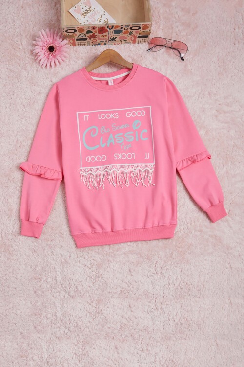 Pembe Yazı Baskılı Püsküllü Kız Çocuk Sweatshirt 16311