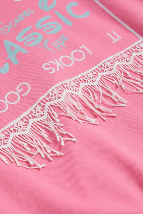 Pembe Yazı Baskılı Püsküllü Kız Çocuk Sweatshirt 16311