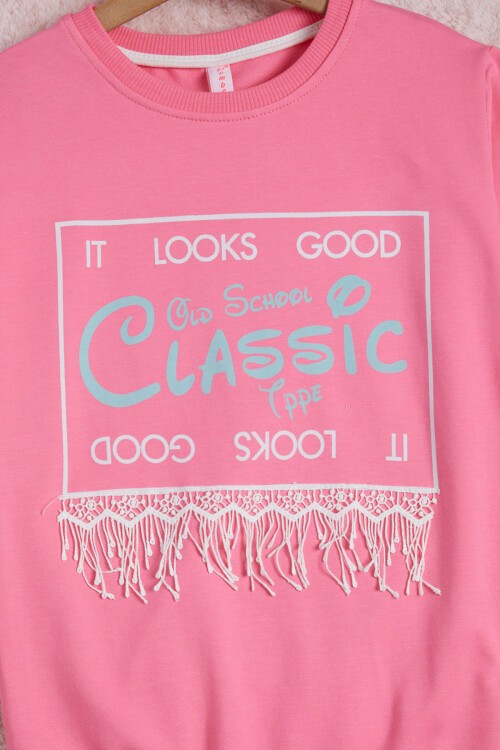 Pembe Yazı Baskılı Püsküllü Kız Çocuk Sweatshirt 16311