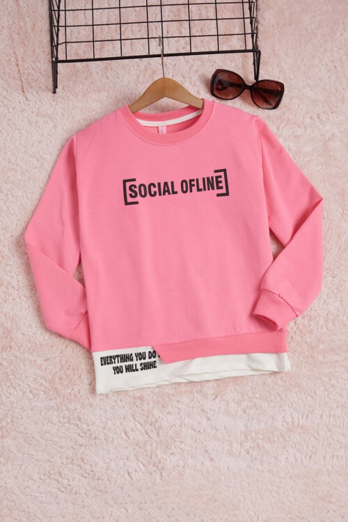 Pembe Yazı Baskılı Şeritli Kız Çocuk Sweatshirt 16293