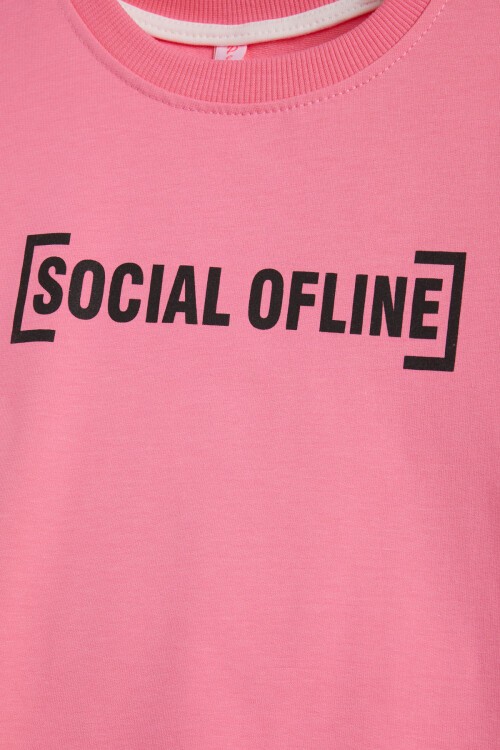 Pembe Yazı Baskılı Şeritli Kız Çocuk Sweatshirt 16293