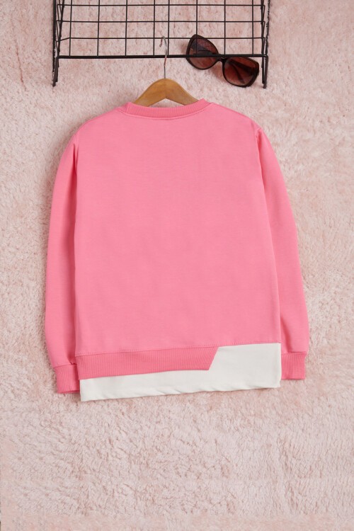 Pembe Yazı Baskılı Şeritli Kız Çocuk Sweatshirt 16293