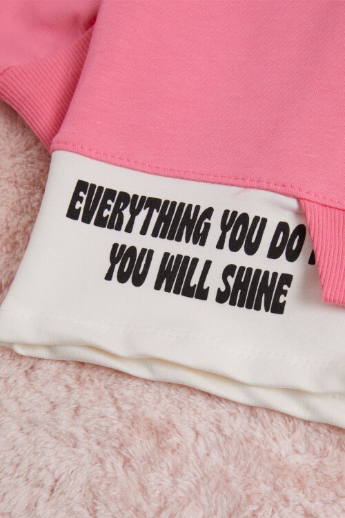 Pembe Yazı Baskılı Şeritli Kız Çocuk Sweatshirt 16293