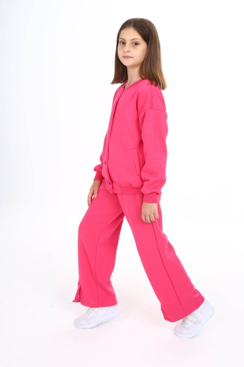 Pembe Yırtmaçlı Hırkalı Kız Çocuk Polarlı Eşofman Takımı 16456