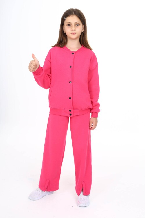 Pembe Yırtmaçlı Hırkalı Kız Çocuk Polarlı Eşofman Takımı 16456