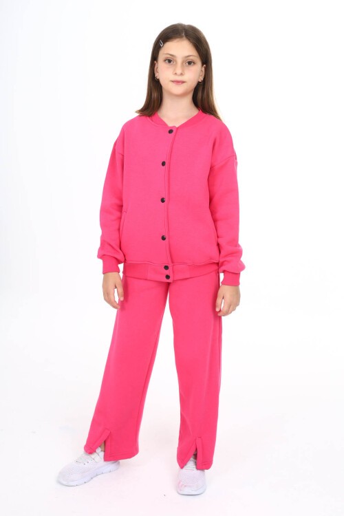 Pembe Yırtmaçlı Hırkalı Kız Çocuk Polarlı Eşofman Takımı 16456