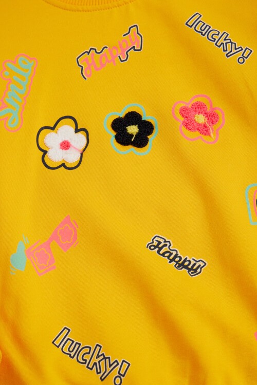 Sarı Çiçek Nakışlı Uzun Kol Kız Çocuk Sweatshirt 16303