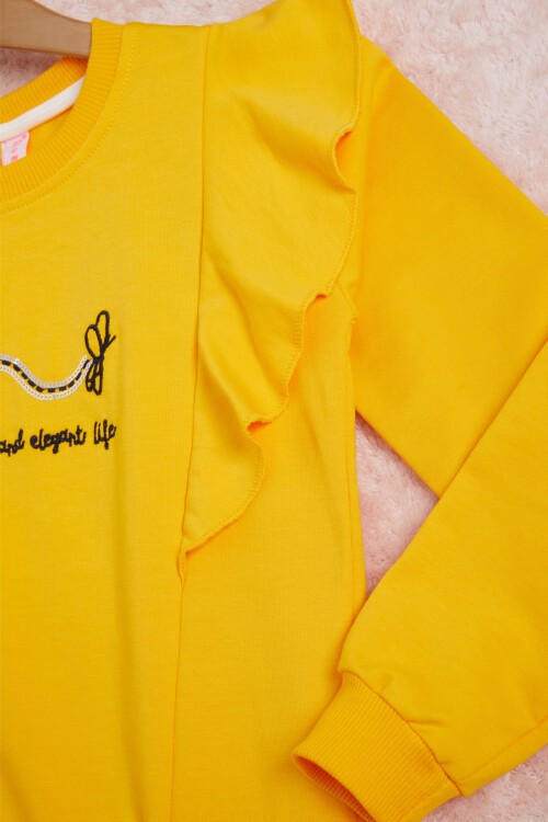 Sarı Kelebek Nakışlı Volanlı Kız Çocuk Sweatshirt 16411