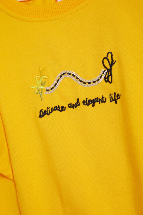 Sarı Kelebek Nakışlı Volanlı Kız Çocuk Sweatshirt 16411