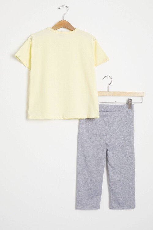 Sarı Simli Frozen Baskı Tişört ve Şort Taytlı Kız Takım 15442