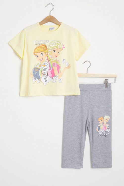 Sarı Simli Frozen Baskı Tişört ve Şort Taytlı Kız Takım 15442