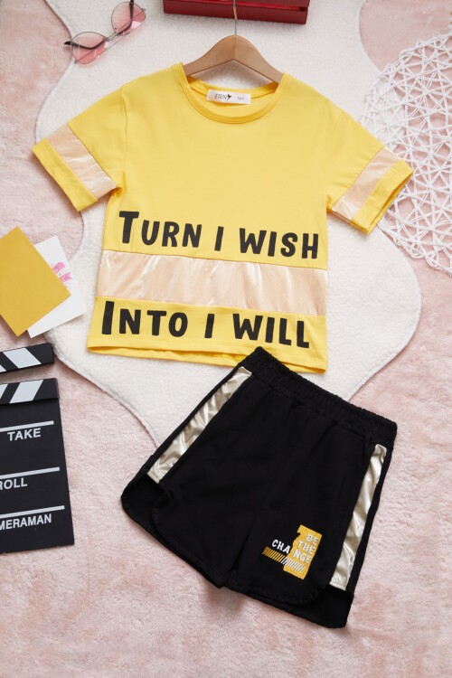 Sarı Yazı Baskı Kız Çocuk Şortlu Yazlık Takım 15354