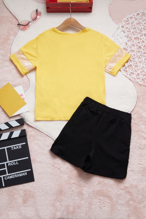 Sarı Yazı Baskı Kız Çocuk Şortlu Yazlık Takım 15354