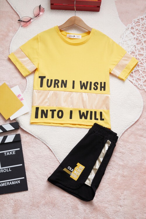 Sarı Yazı Baskı Kız Çocuk Şortlu Yazlık Takım 15354