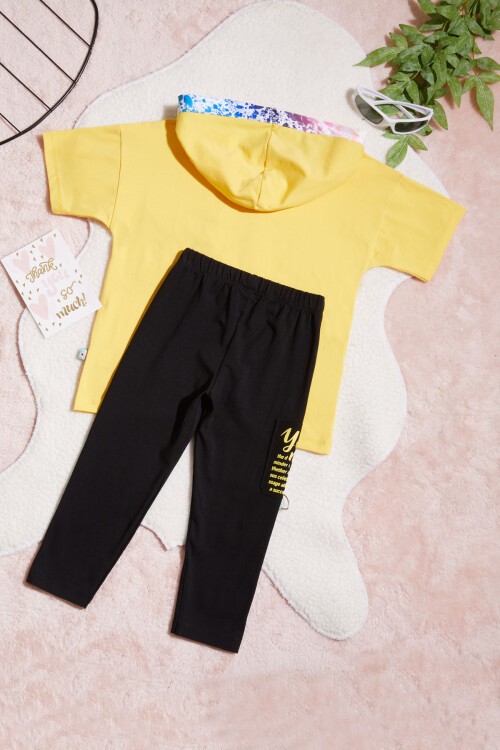 Sarı Yazı Baskılı Kapüşonlu Kız Çocuk 2li Takım 15437
