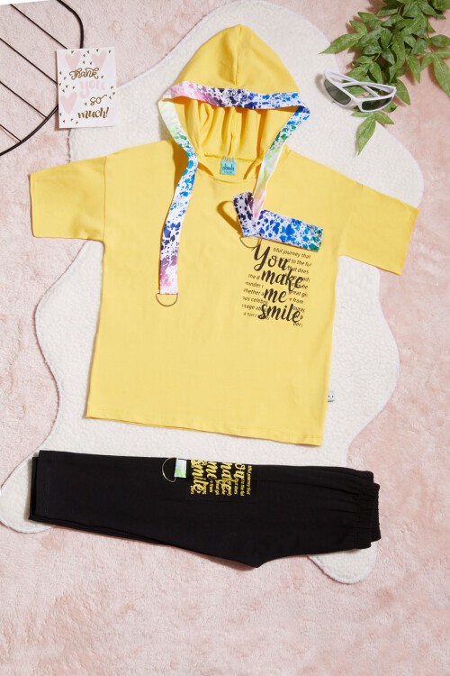 Sarı Yazı Baskılı Kapüşonlu Kız Çocuk 2li Takım 15437
