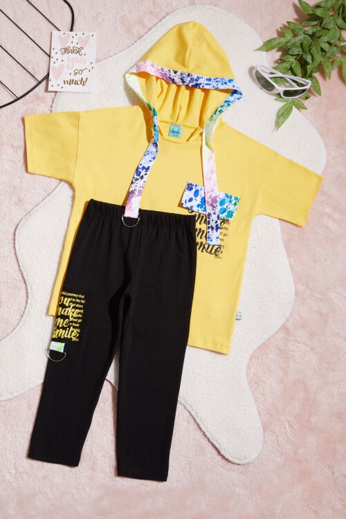 Sarı Yazı Baskılı Kapüşonlu Kız Çocuk 2li Takım 15437