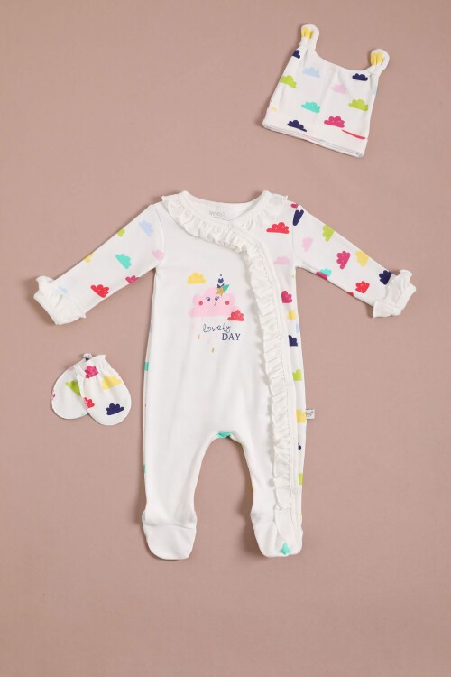 Sevimli Bulut Baskılı Kız Bebek Tulum Takımı 16133