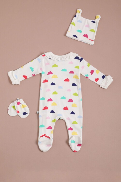 Sevimli Bulut Baskılı Kız Bebek Tulum Takımı 16133