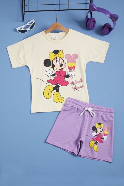 Simli Dondurma Baskılı Kız Çocuk Şortlu Yazlık Takım 15591