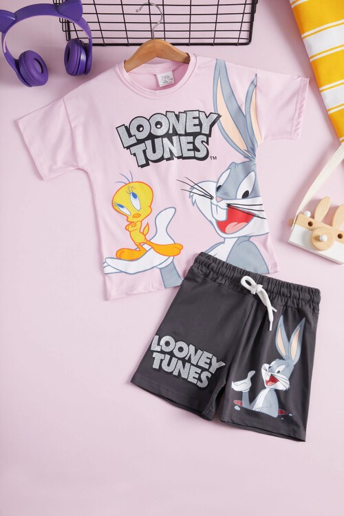 Simli Tavşan Baskılı Kız Çocuk Şortlu Yazlık Takım 15475