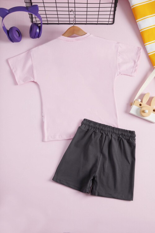 Simli Tavşan Baskılı Kız Çocuk Şortlu Yazlık Takım 15475