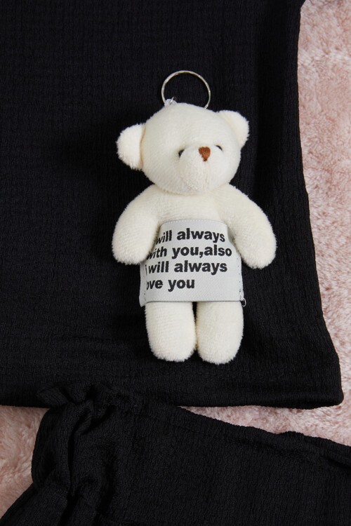 Siyah Ayıcık Aksesuarlı Kız Çocuk Şortlu Takım 15665